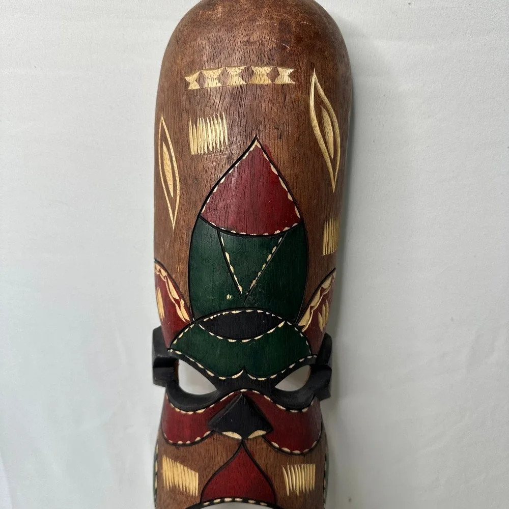 Hand Carved Wooden African Tribal Mask Wall Decor Hand Painted Folk Art 16 Inch